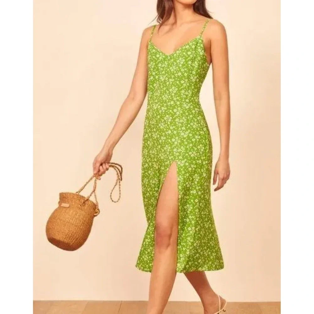 Reformation Crimini‎ Green Ditsy Floral Slip Dress Midi Cottagecore Fairy Size 8